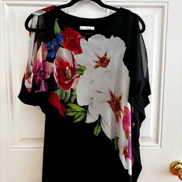 Joseph Ribkoff Black/Multi Floral Chiffon Overlay Slit Sleeve Sheath Dress Sz 8 - Picture 2 of 8